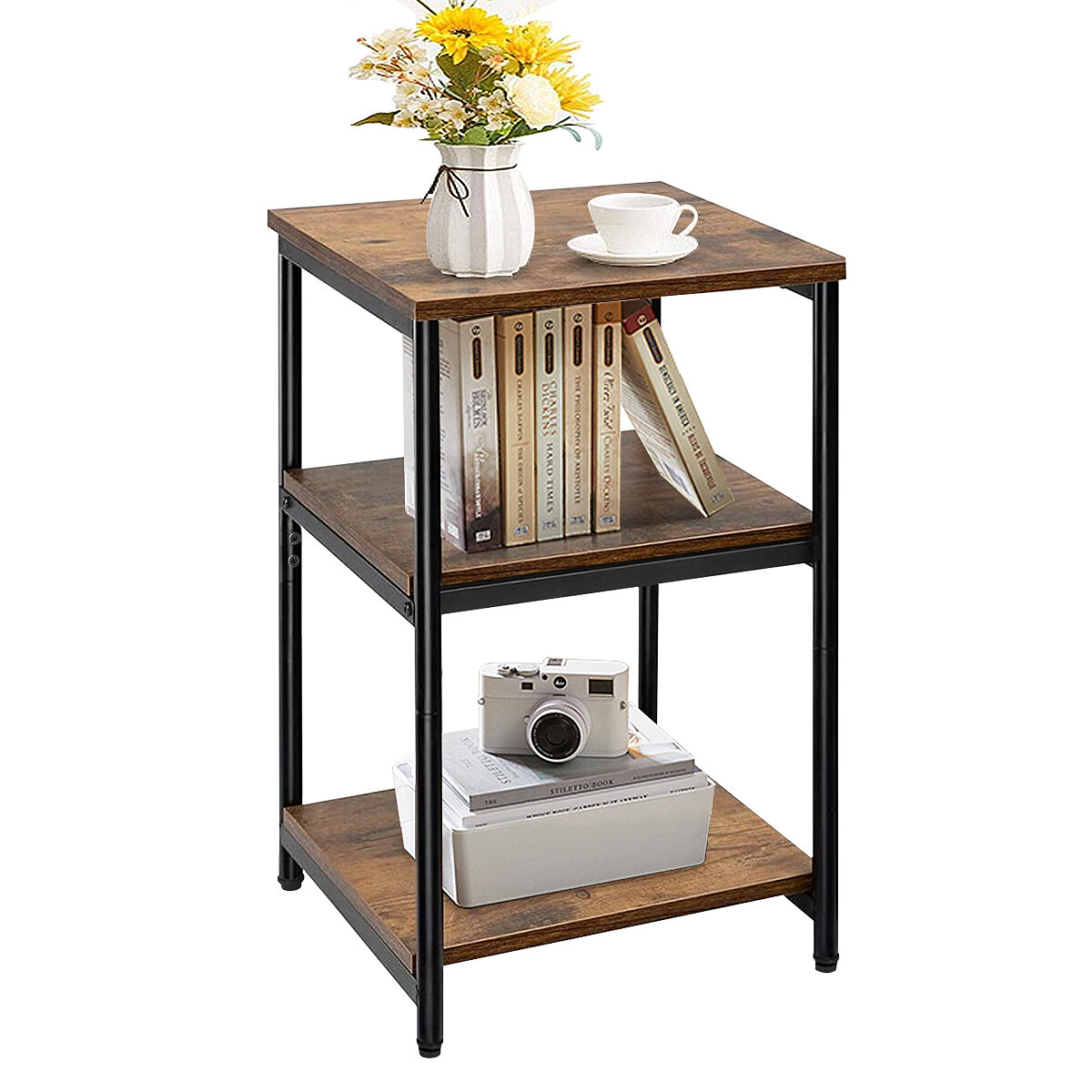 Image of Lusimo Wooden Nightstands 3-Tier Side Table W/ Adjustable Shelf Industrial End Table