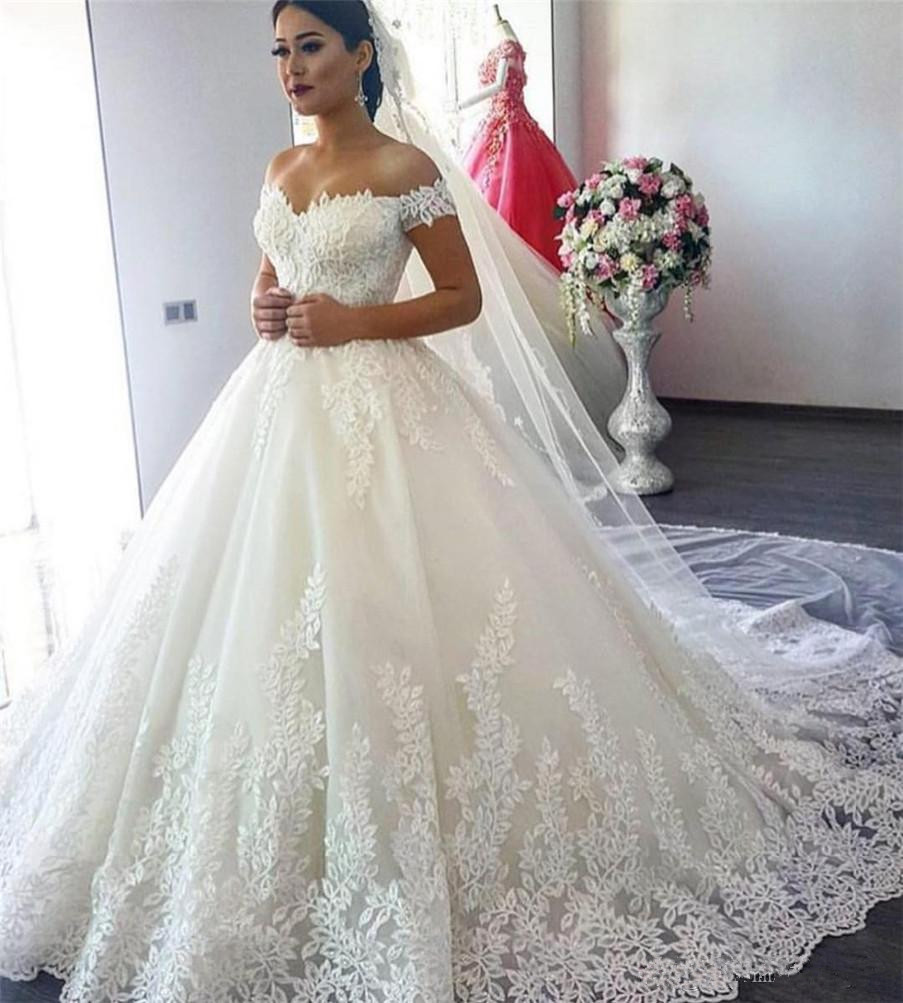 Image of Luxury Lace Ball Gown Off the Shoulder Wedding Dresses Sweetheart Sheer Back Princess Illusion Applique Bridal Gowns robe de mariage