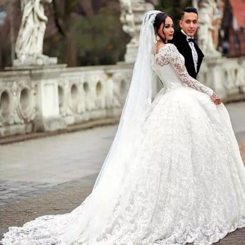 Image of Luxury Lace Princess Ball Gown Wedding Dress With Long Sleeves Romantic Bridal Vestido De Noiva Vintage