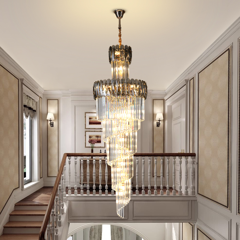 Image of Luxury Large Chandelier Crystal Lamp Villa Hotel Rotating Hollow Hall Living Room Crystal Chandeliers Modern duplex Building Stairs Long Pendant Lamps