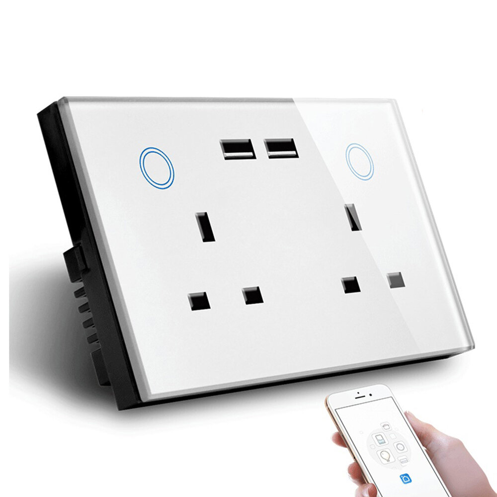 Image of MAKEGOOD 2 Gang WIFI Smart USB Wall Socket UK Electrical Plug Outlet 15A Power Touch Switch Wireless Homekit Charge Work