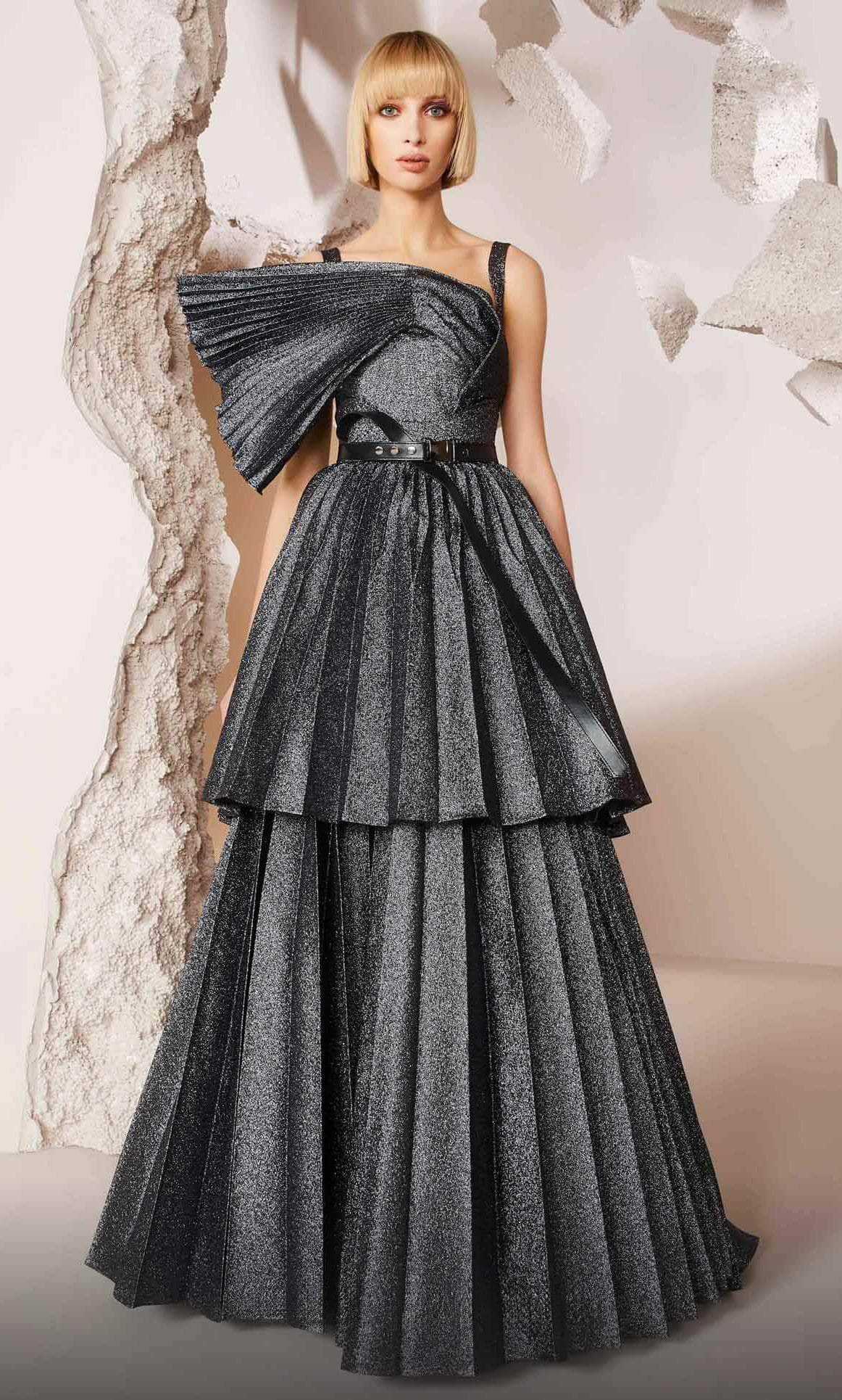 Image of MNM Couture E0017 - Asymmetric Metallic Pleated Evening Gown