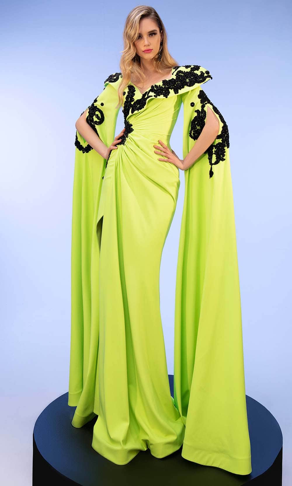Image of MNM Couture F02802 - Cape Sleeve Sheath Evening Gown