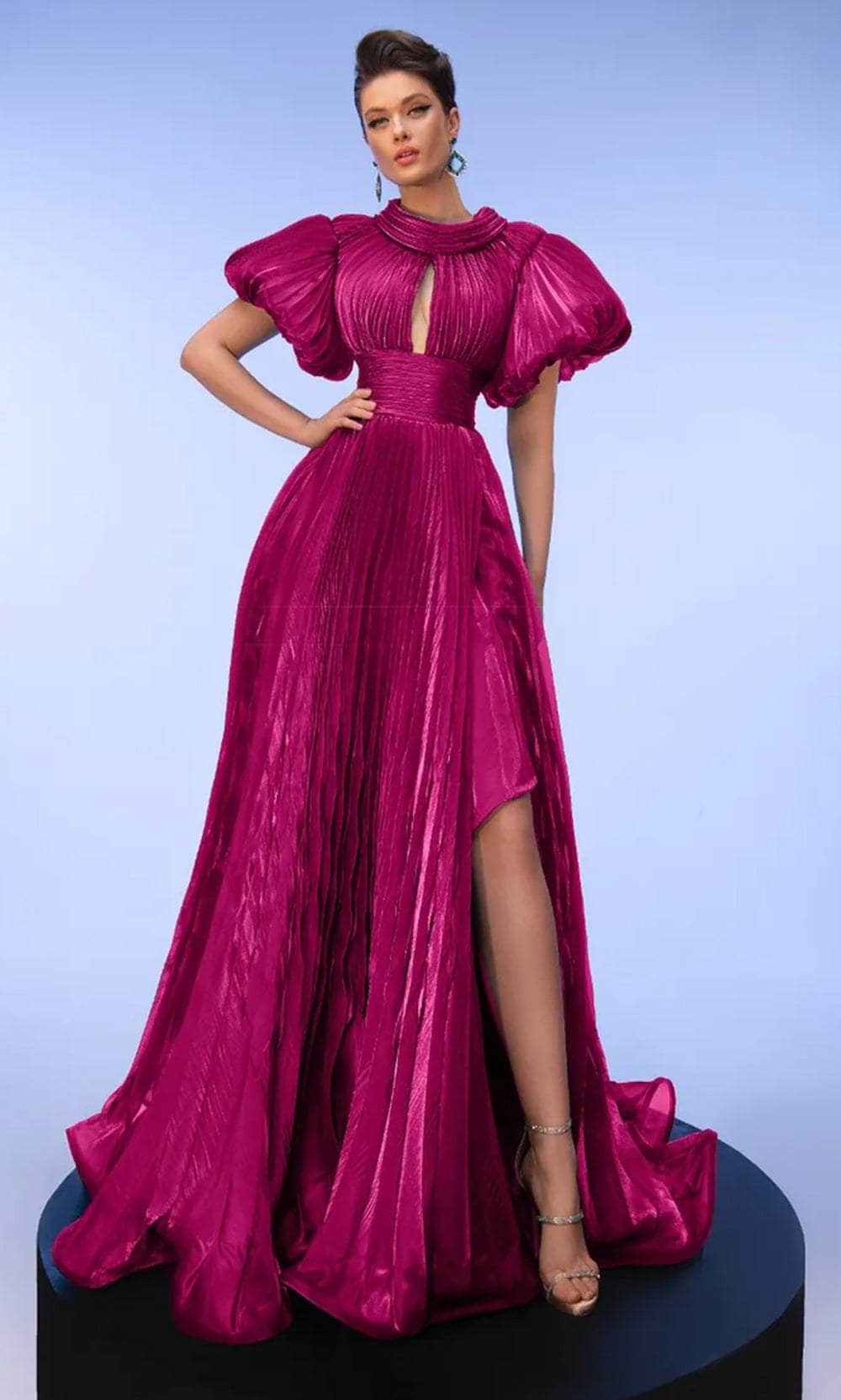 Image of MNM Couture F02809 - Puff Sleeved Pleated Organza Gown