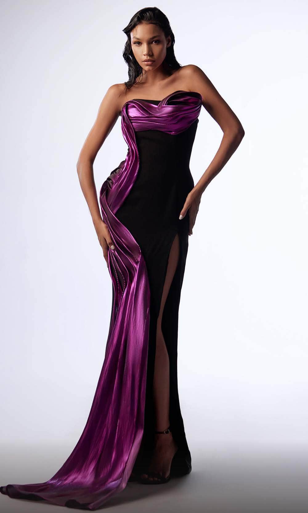 Image of MNM Couture G1730 - Metallic Sash Evening Dress