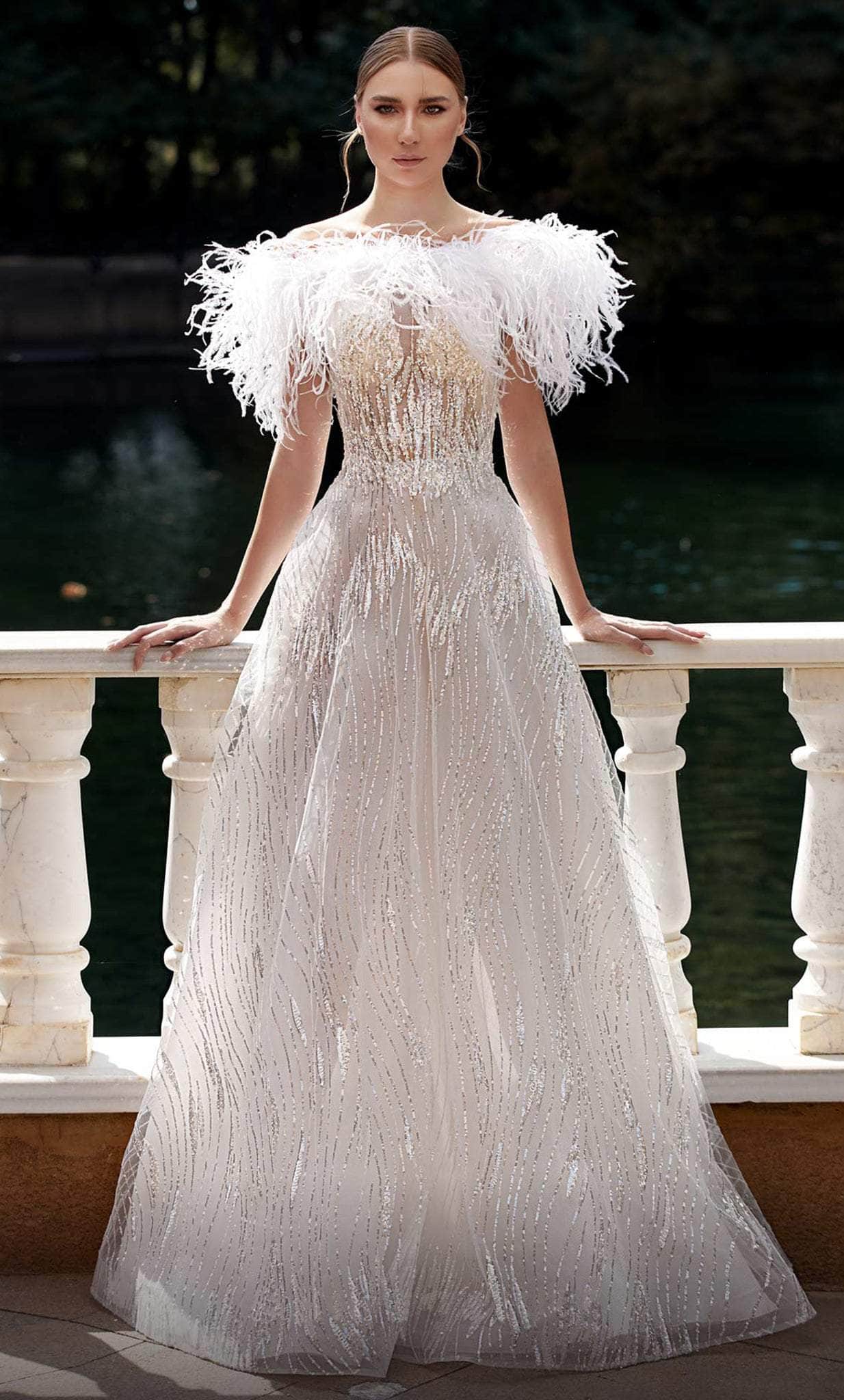Image of MNM Couture K3933 - Feather A-Line Evening Gown