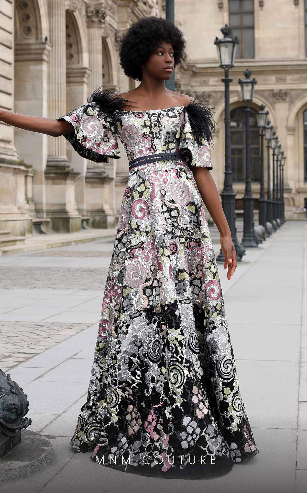 Image of MNM Couture K4058 - Feather Off Shoulder A-Line Gown