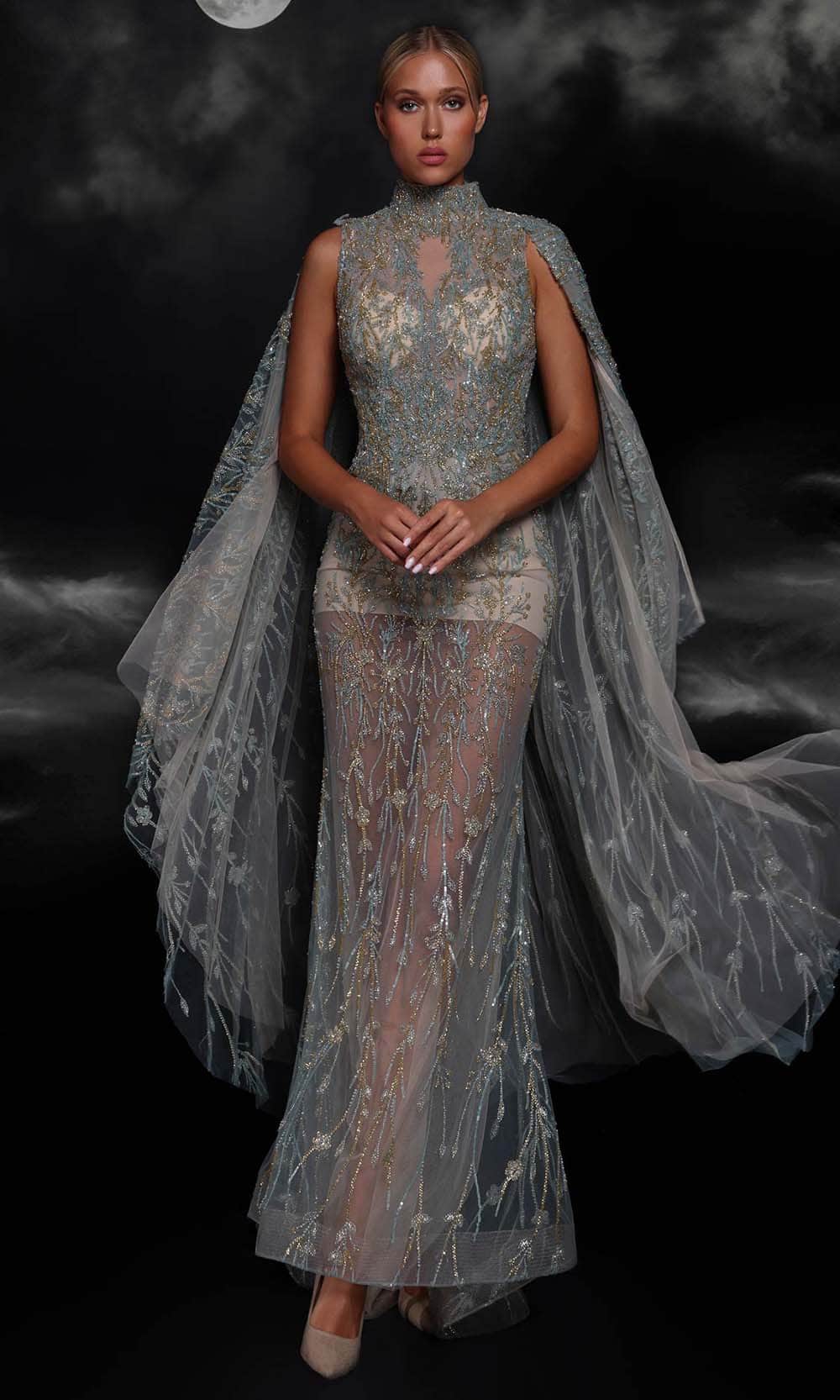 Image of MNM Couture K4119 - High Neck Cape Evening Gown