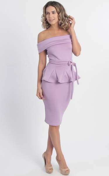Image of MNM Couture - L0003 Folded Off Shoulder Peplum Sheath Dress