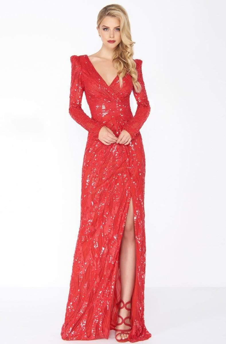 Image of Mac Duggal - 4635R Long Dynasty Sleeve Sequined High Slit Gown