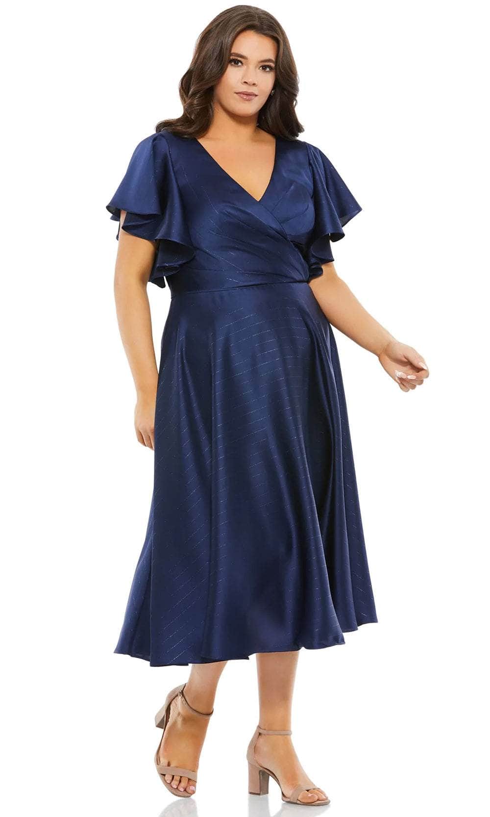 Image of Mac Duggal 49500 - Pleated Faux Wrap Tea Length Dress