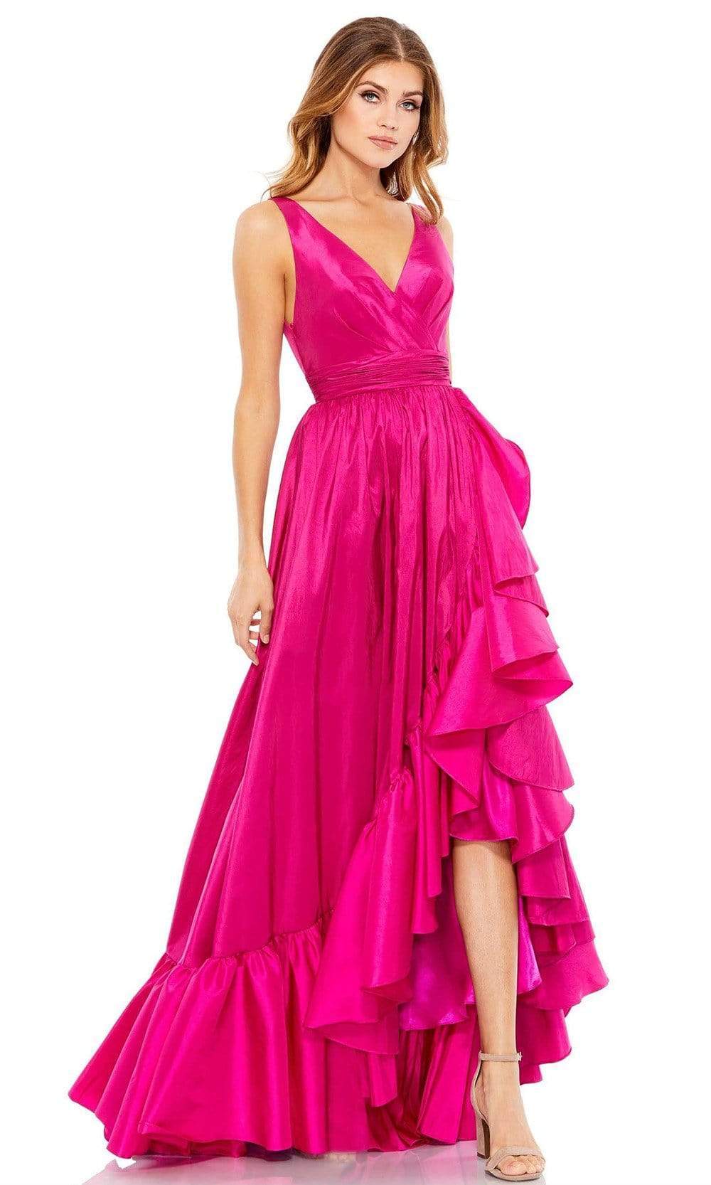 Image of Mac Duggal - 67835 V Neck Taffeta High Low Modest Prom Dress
