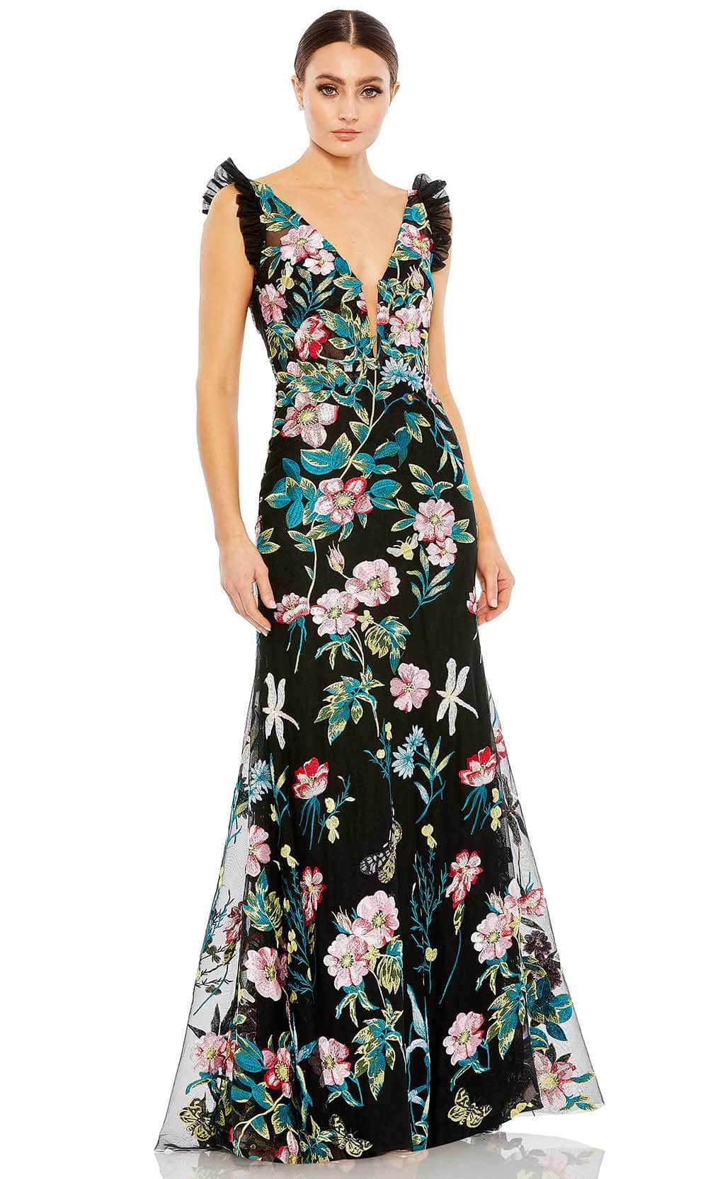Image of Mac Duggal 68273 - Floral Net Sleeves Long Dress