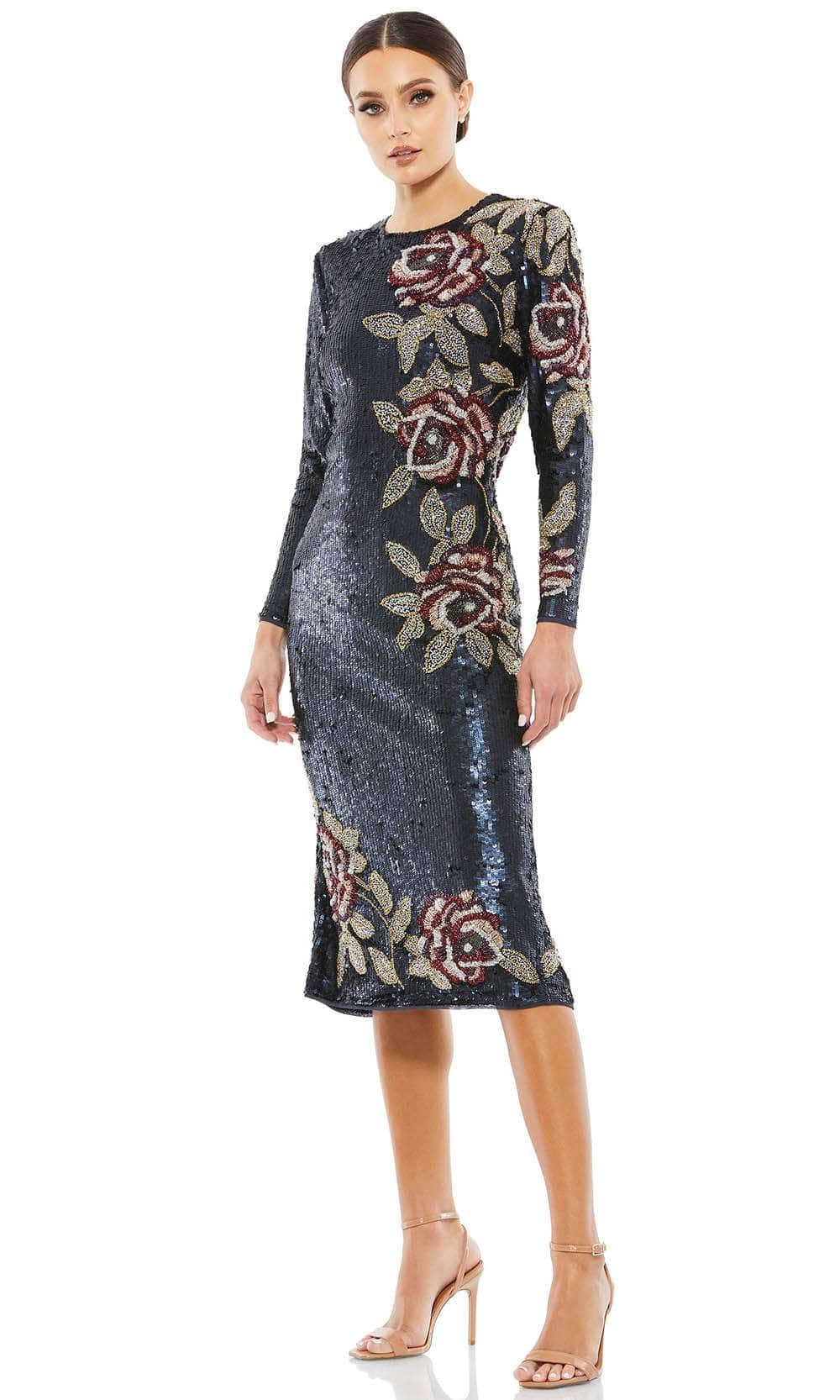 Image of Mac Duggal 93624 - Floral Beadwork Long Sleeved Midi Dress