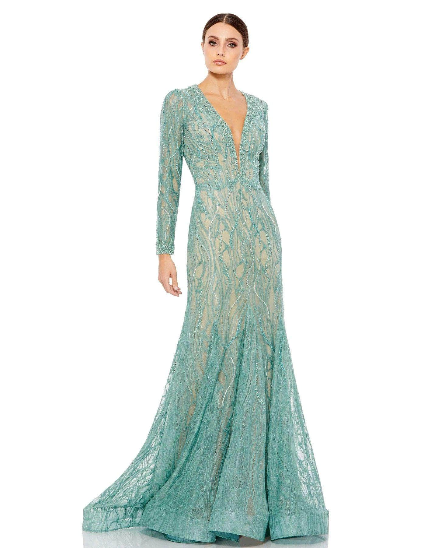 Image of Mac Duggal Evening - 79291D Long Sleeve Sheer Laced Long Dress