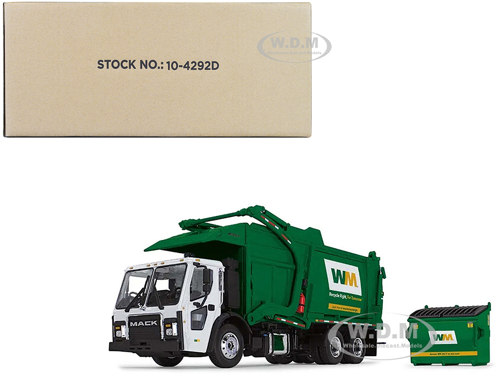 Image of Mack LR "Waste Management" Refuse Garbage Truck with McNeilus Meridian Front Loader White and Green with Trash Bin 1/34 Diecast Model by First Gear