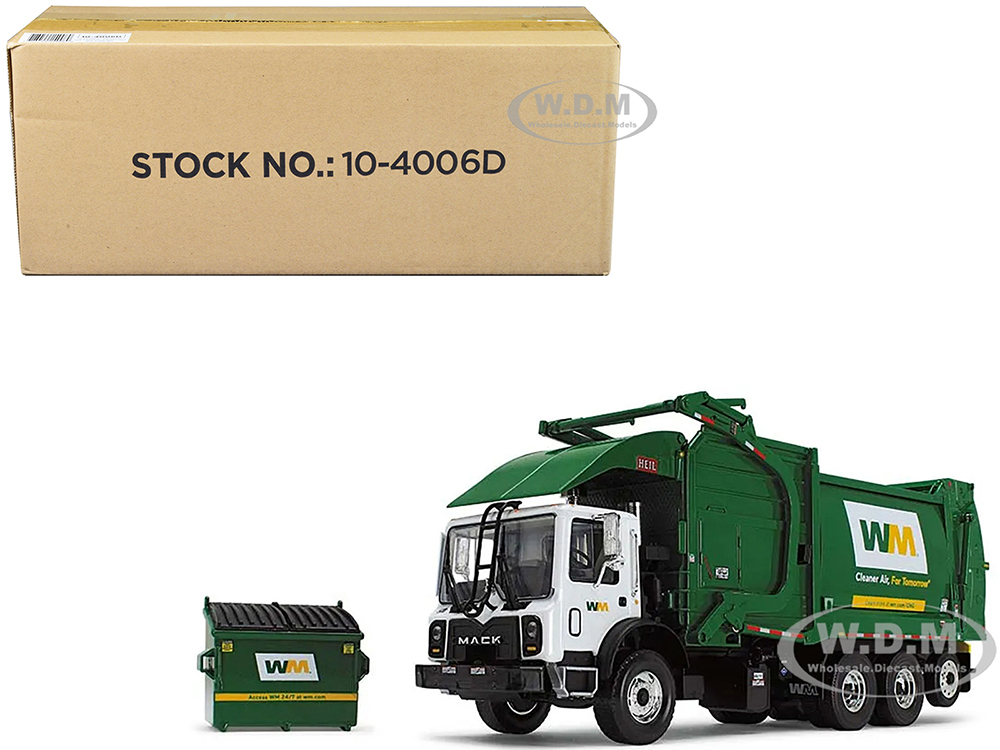 Image of Mack TerraPro "Waste Management" Refuse Garbage Truck with Heil Half/Pack Freedom Front End Loader and CNG Tailgate White and Green with Garbage Bin