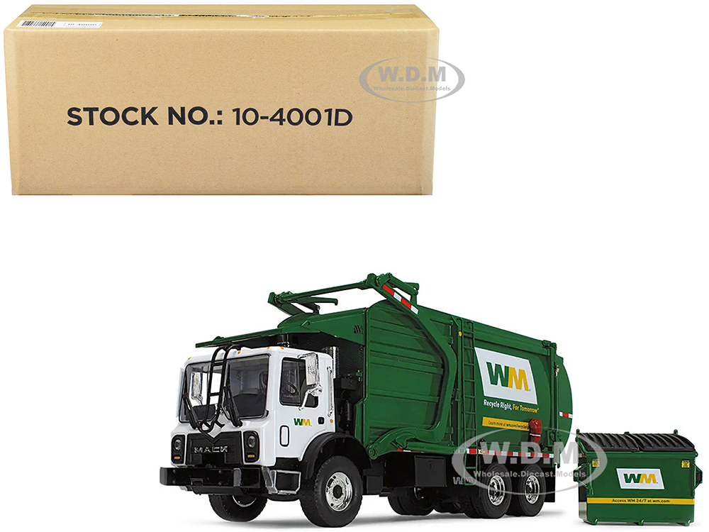 Image of Mack TerraPro "Waste Management" Refuse Garbage Truck with Wittke Front Load White and Green with Garbage Bin 1/34 Diecast Model by First Gear