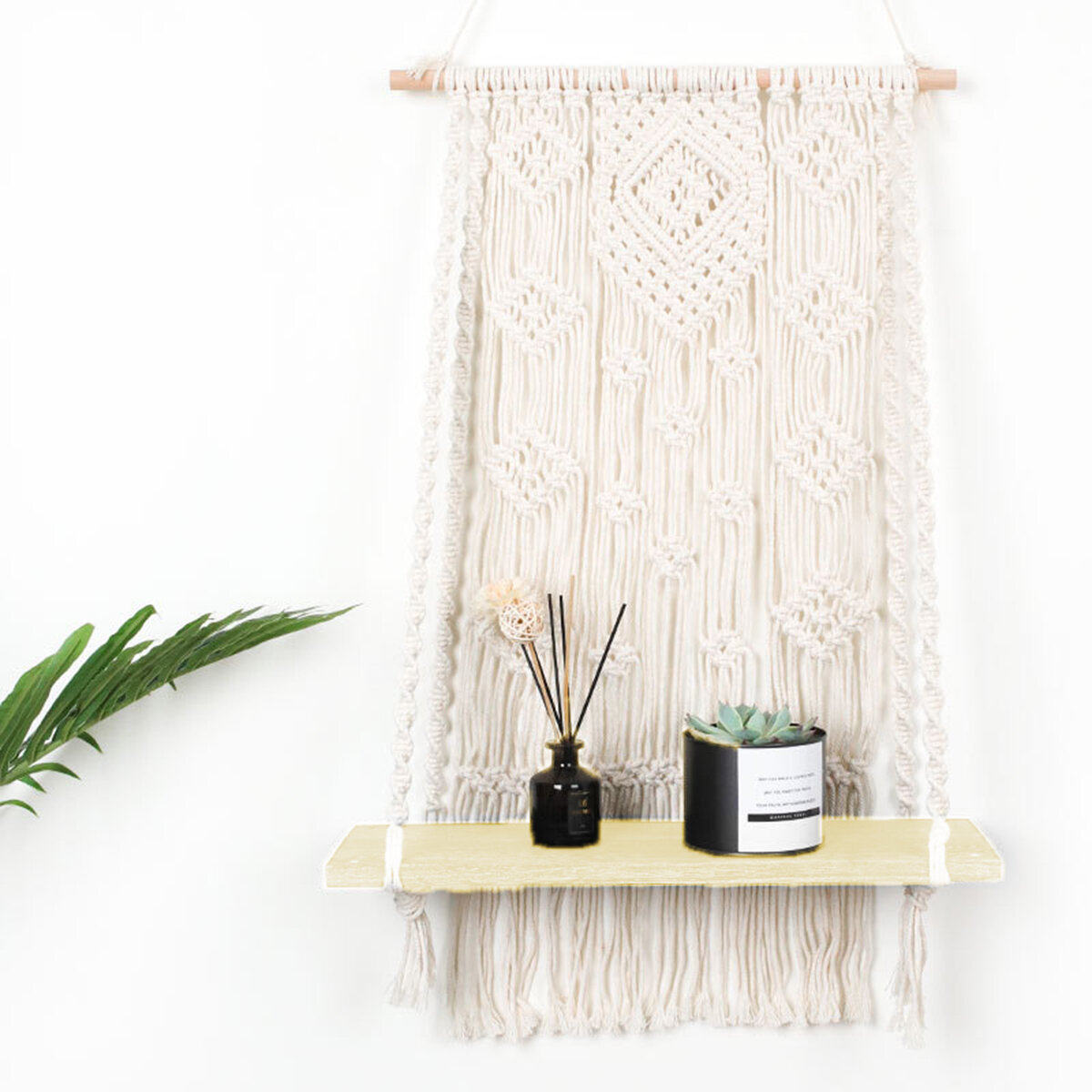 Image of Macrame Plant Hanger Basket Hand Woven Tapestry Wood Pot Shelf Room Decoration
