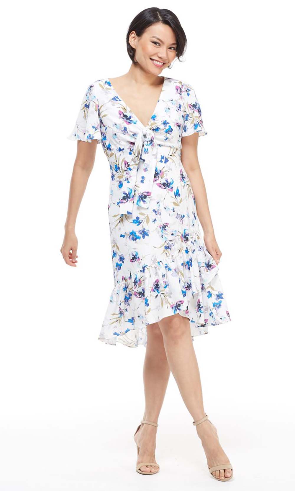 Image of Maggy London - G4059M Flutter Sleeve Floral Print Wrap Skirt Dress