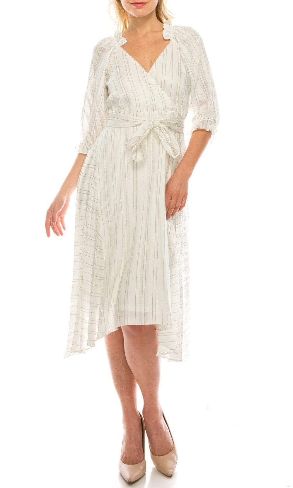 Image of Maison Tara - 91053M Tea Length Pinstripe Print A-Line Dress