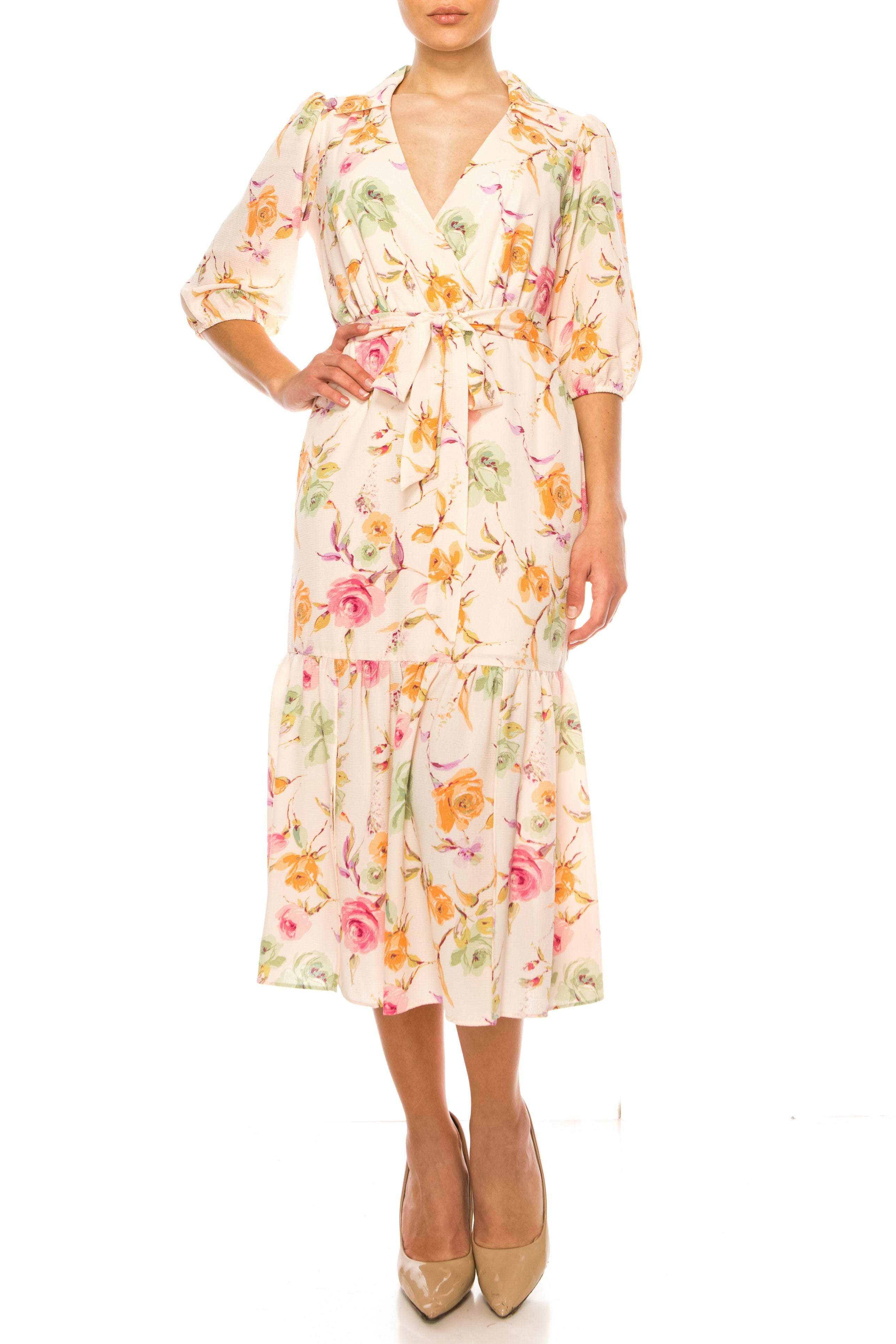Image of Maison Tara 92033M - Faux Wrap Floral Printed Formal Dress