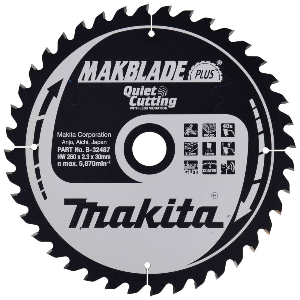 Image of Makita MAKBLADE B-32487 Carbide metal circular saw blade 260 x 30 x 18 mm Number of cogs: 40 1 pc(s)