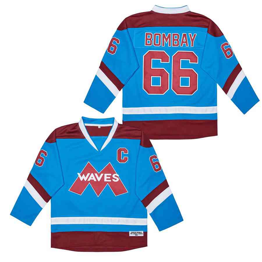 Image of Man Gordon Bombay #66 Minnehaha Waves Mighty Ducks Hockey Jersey Blue Stitched Size S-XXXL