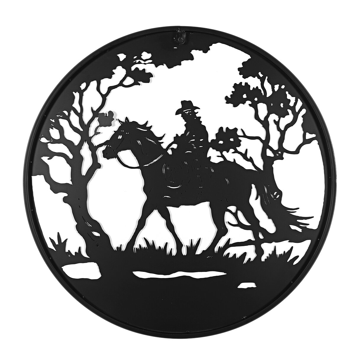 Image of Man Riding Horse In Forest Round Black Metal Wall Hanging Art Decoration Room
