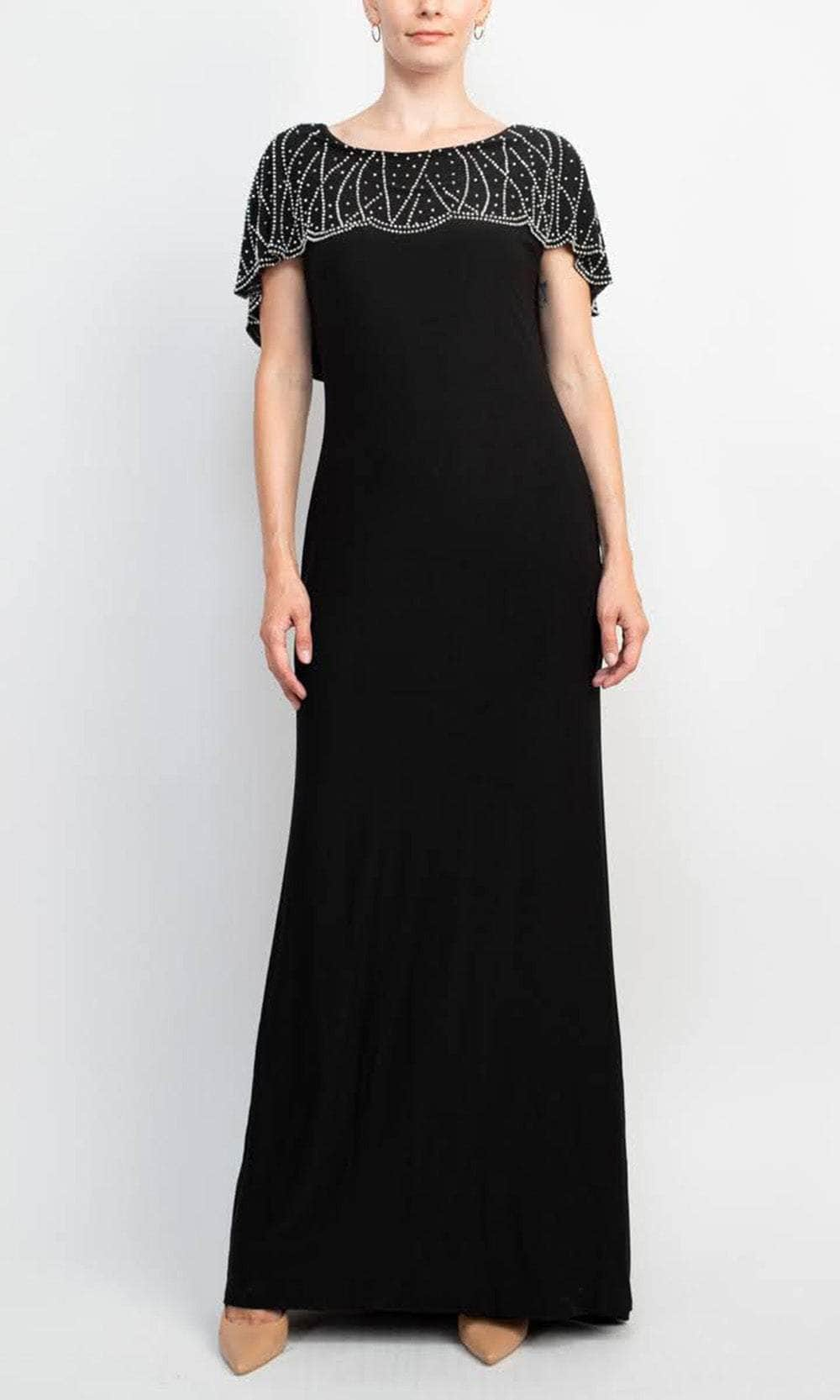 Image of Marina 267278 - Beaded Capelet V-Back Long Dress