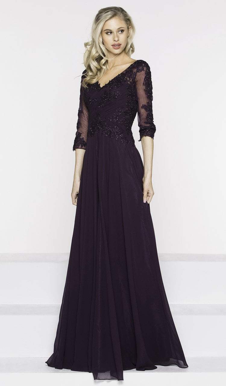 Image of Marsoni by Colors - M237 V-Neck Beaded Lace Applique Chiffon Dress