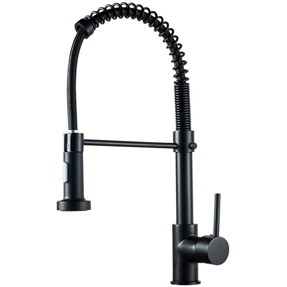 Image of Matte Black Spring Kitchen Sink Faucet Pull Out Spout Single Lever Hot Cold Water Mixers Tap Pull Down Sprayer