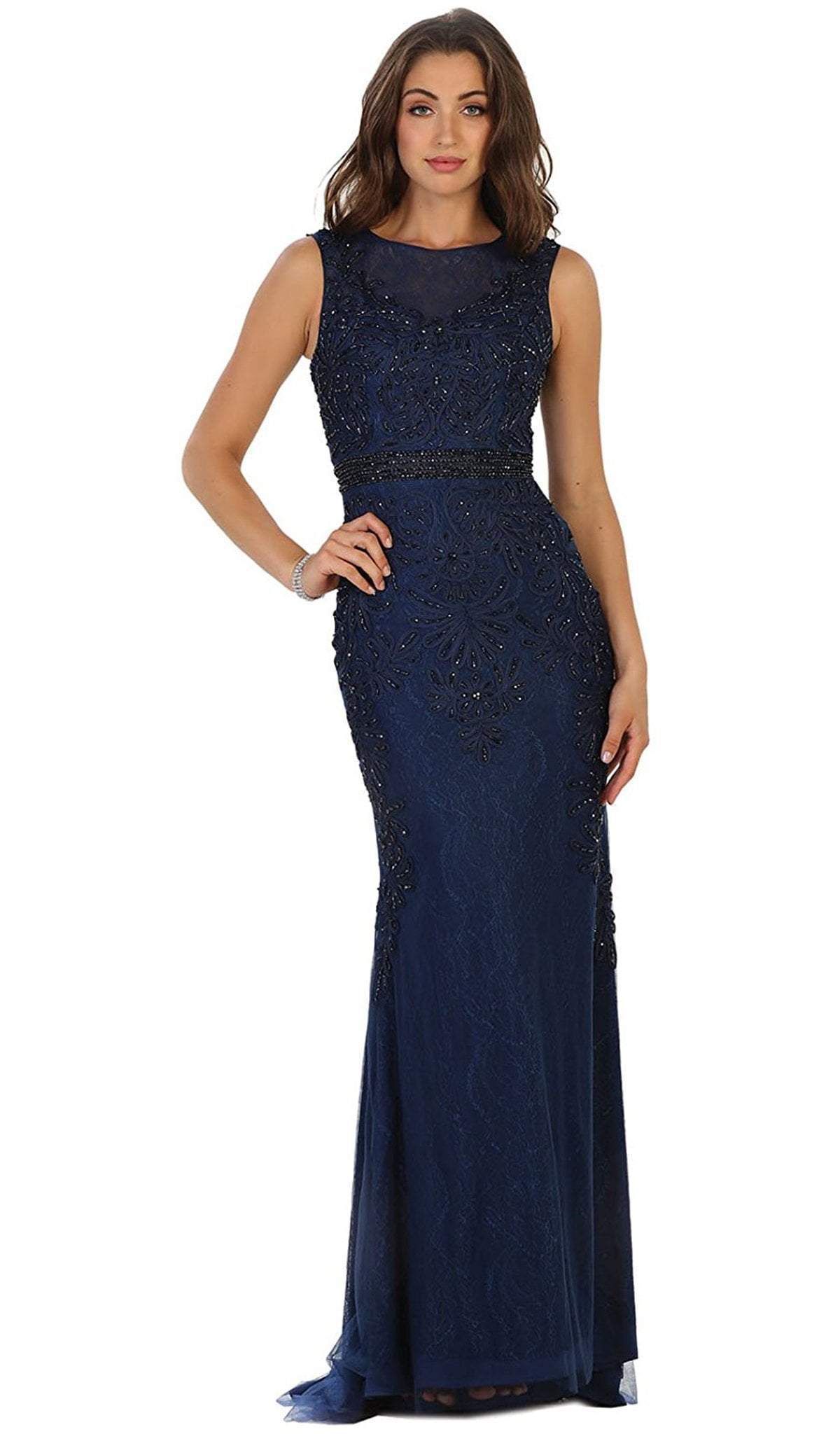 Image of May Queen - Bedazzled Sheer Bateau Sheath Evening Dress