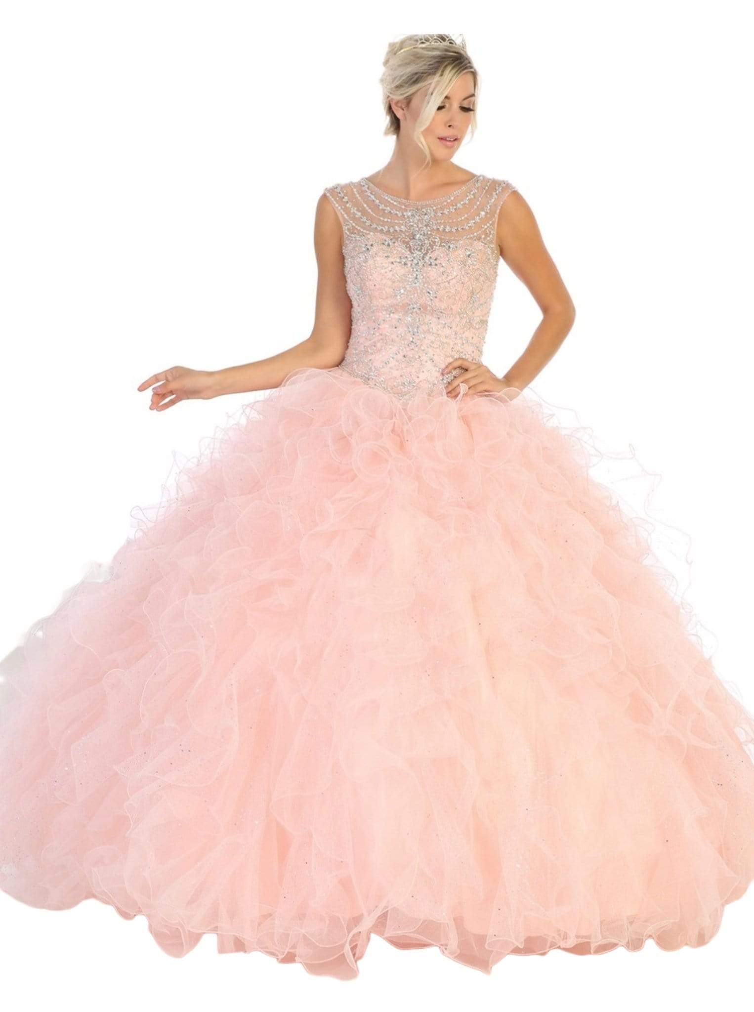 Image of May Queen - LK124 Cap Sleeve Crystal Ornate Ruffled Ballgown