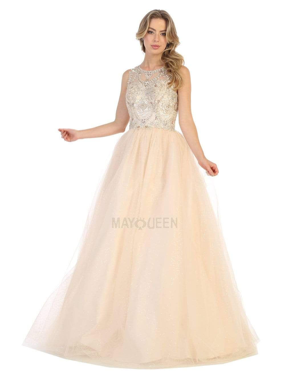 Image of May Queen - LK137 Sleeveless Appliqued Sheer Cutout Back Gown