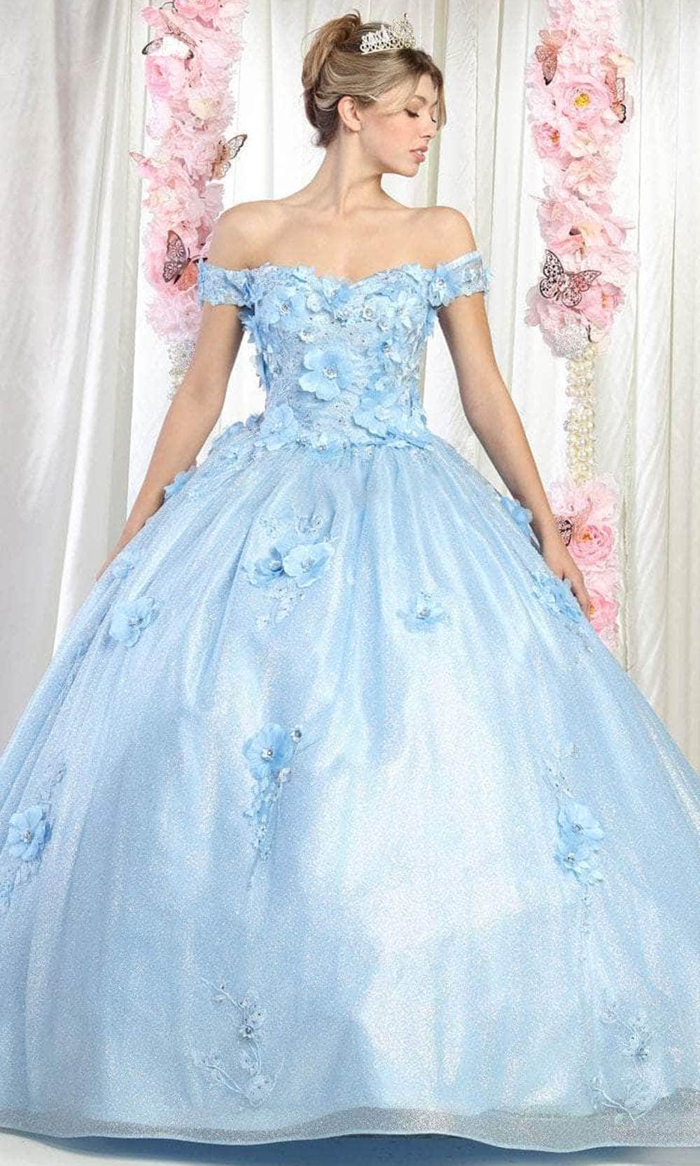 Image of May Queen LK161 - Off Shoulder Floral Prom Ballgown