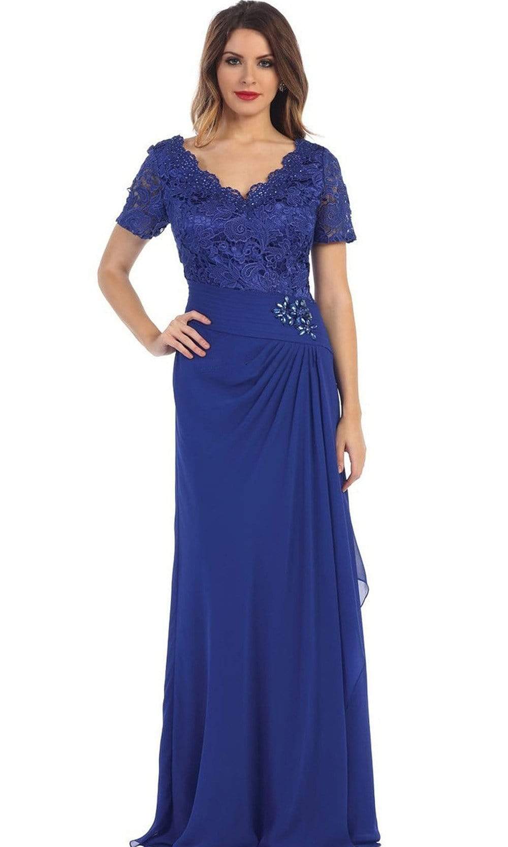 Image of May Queen - Lace Scalloped V-neck Sheath Evening Dress