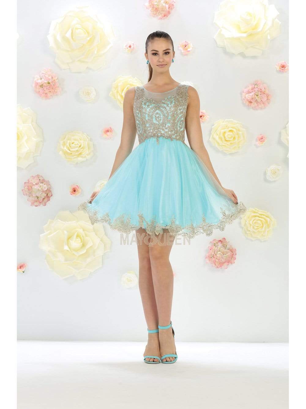 Image of May Queen - MQ1434 Illusion Neckline Lace Applique Cocktail Dress