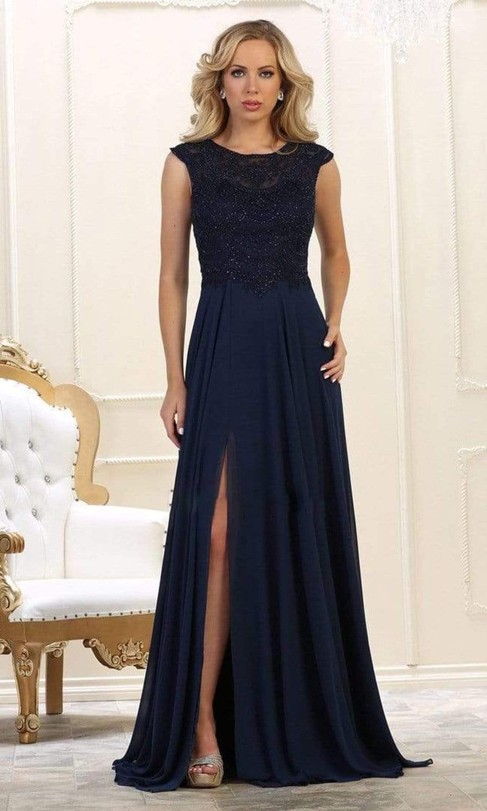 Image of May Queen - MQ1563B Bateau A-Line Dress with Slit
