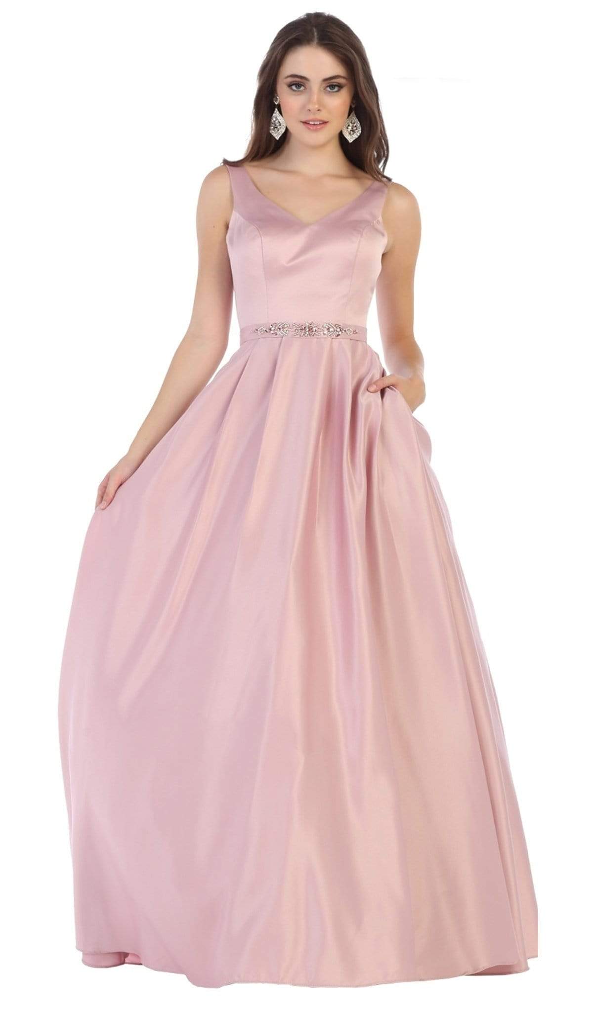 Image of May Queen - MQ1595 Sleek V-Neck Adorned Waist A-Line Gown
