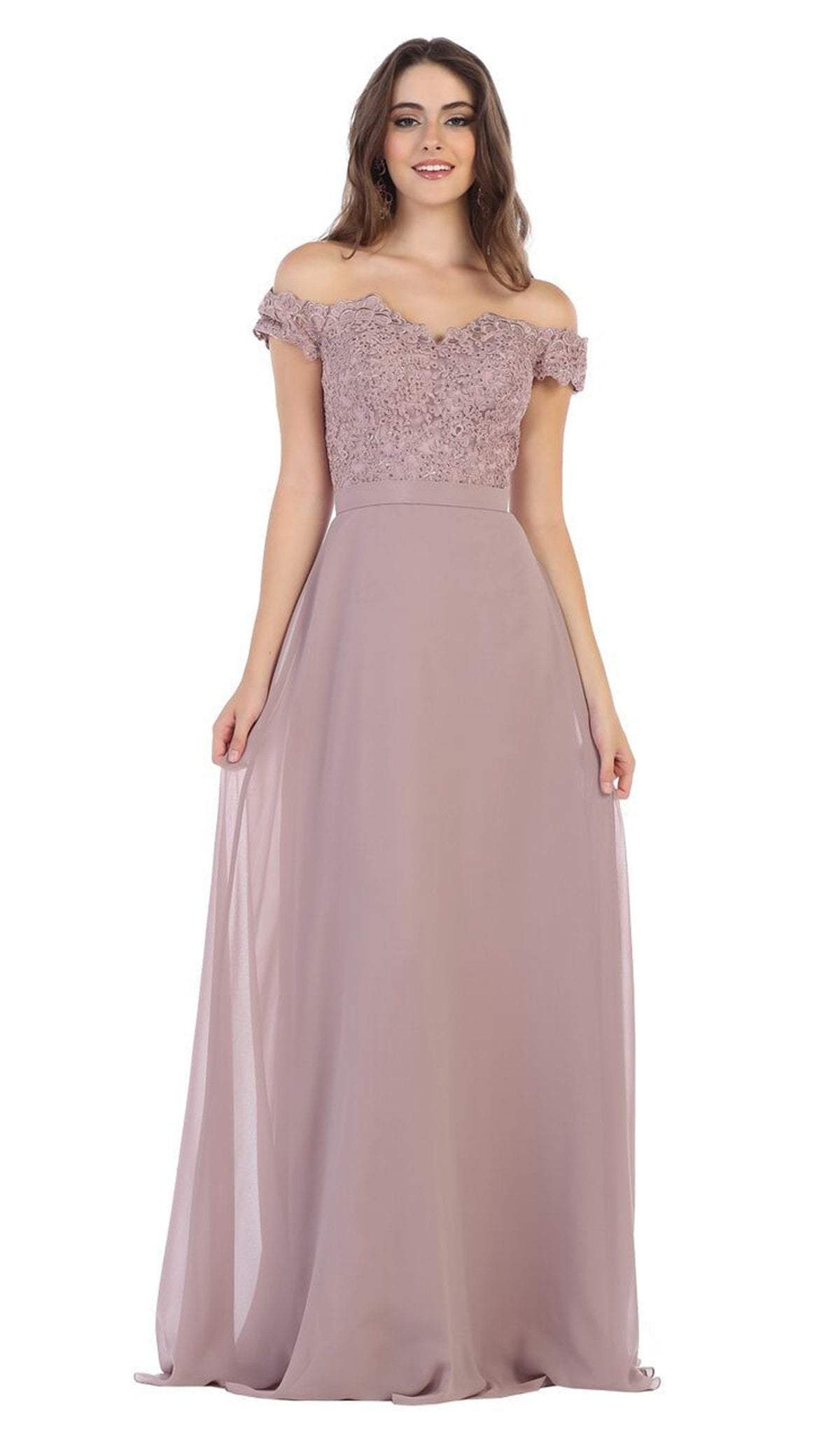 Image of May Queen - MQ1601 Lace Appliqued Chiffon Off Shoulder Formal Gown