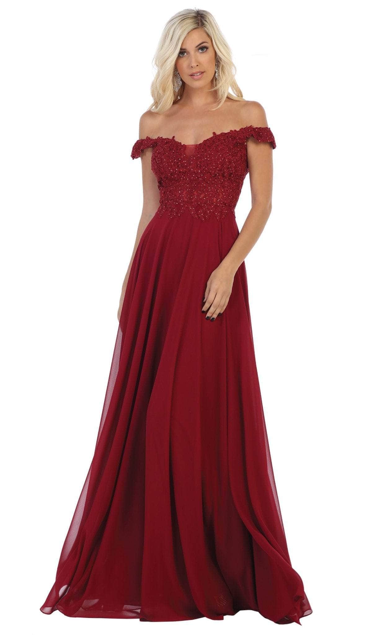 Image of May Queen - MQ1602 V Neck Lace Applique Chiffon Long Formal Dress
