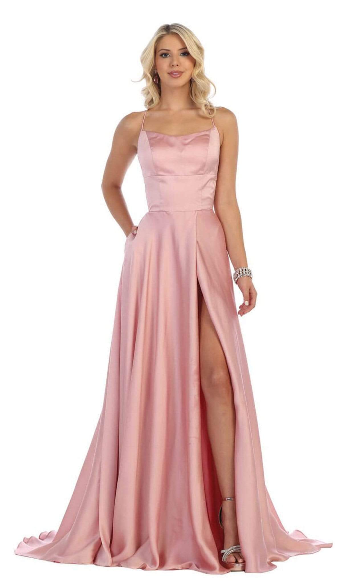 Image of May Queen - MQ1642 Halter Neck Tie String Back A-Line Satin Gown