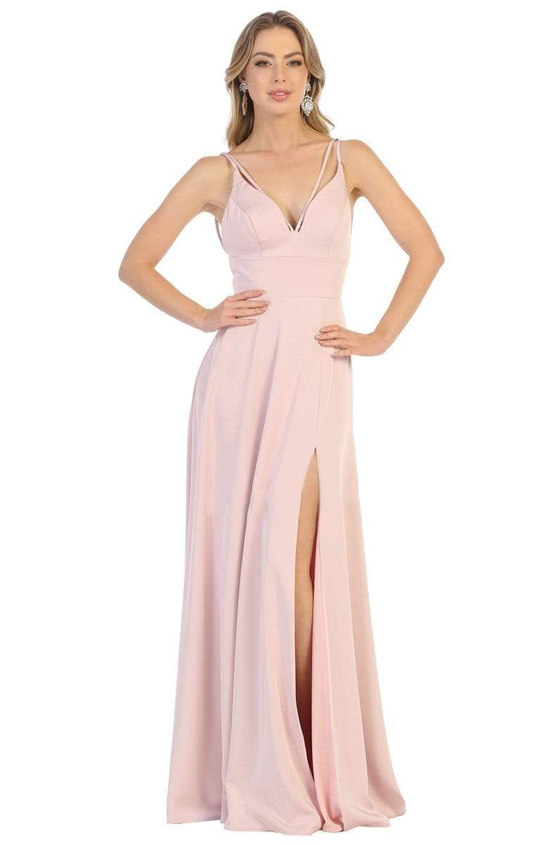 Image of May Queen - MQ1704 V NECK SPAGHETTI STRAP HIGH SLIT A-LINE GOWN