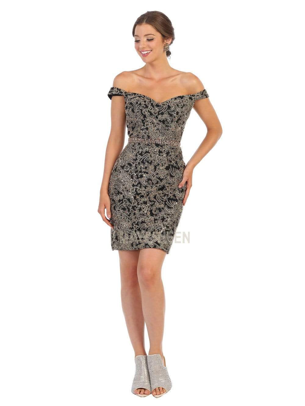 Image of May Queen - MQ1715 Short Off Shoulder Lace Appliqued Dress