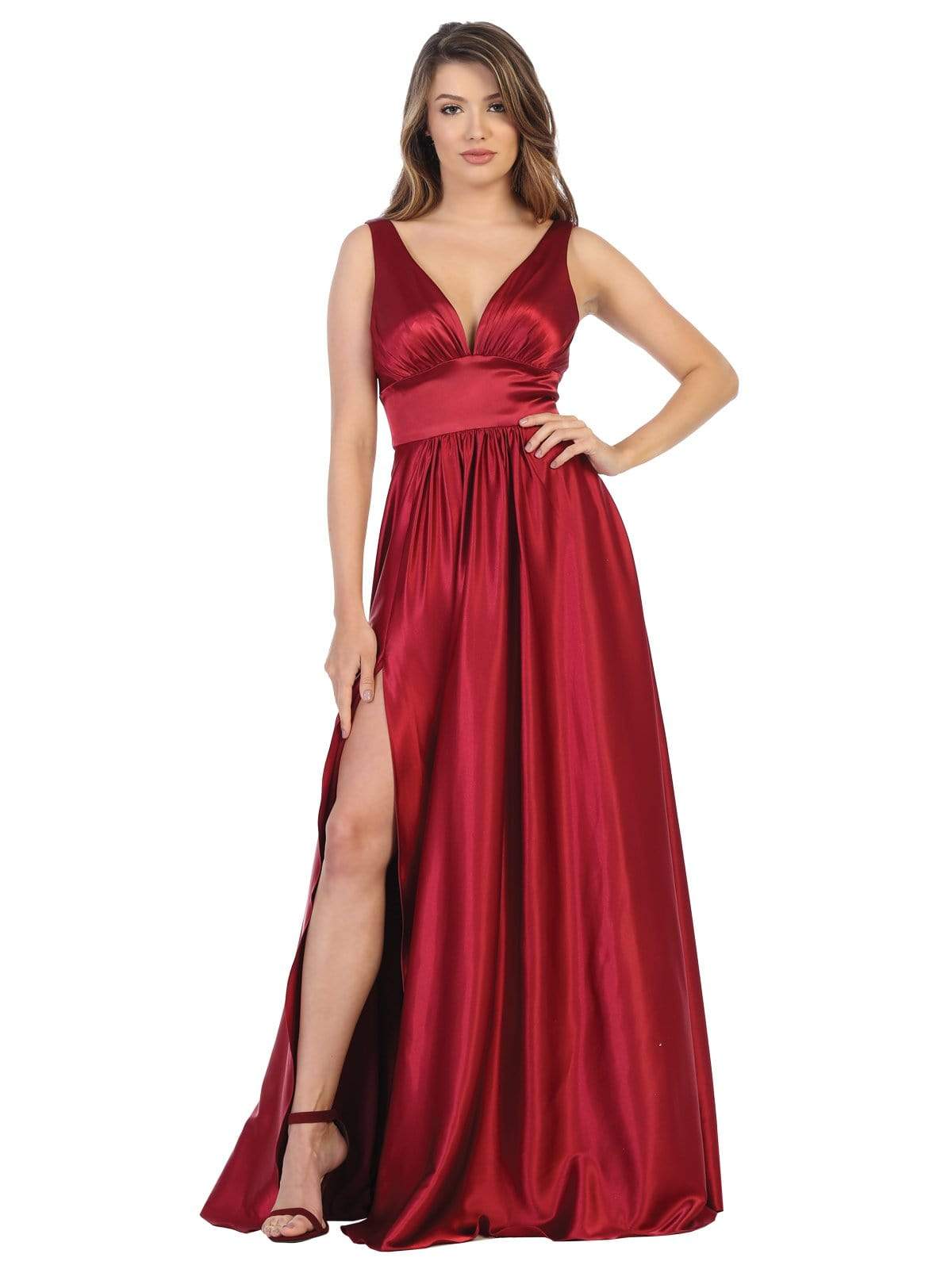 Image of May Queen - MQ1723 Plunging V-Neck Empire High Slit Dress