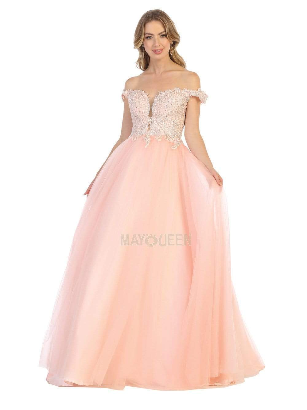 Image of May Queen - MQ1734 Illusion Plunged Appliqued Off Shoulder Dress