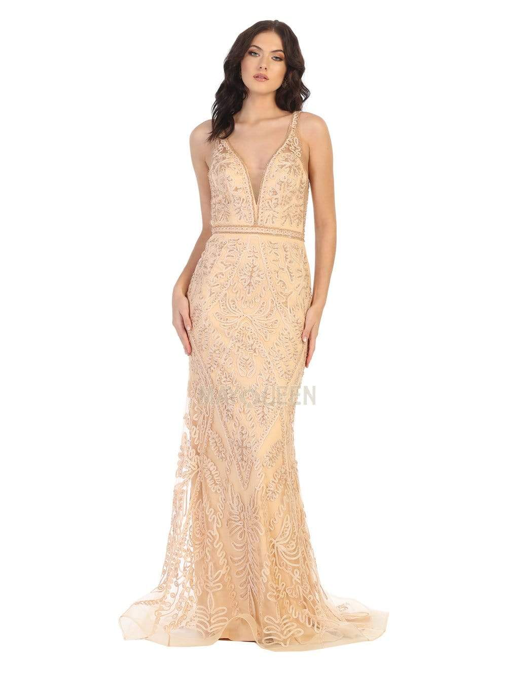 Image of May Queen - MQ1758 Beaded Soutache Plunging V-Neck Gown