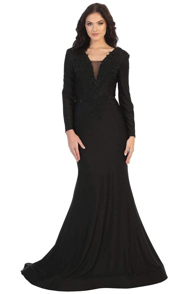 Image of May Queen - MQ1772 Beaded Appliqued Plunging Bodice Trumpet Gown