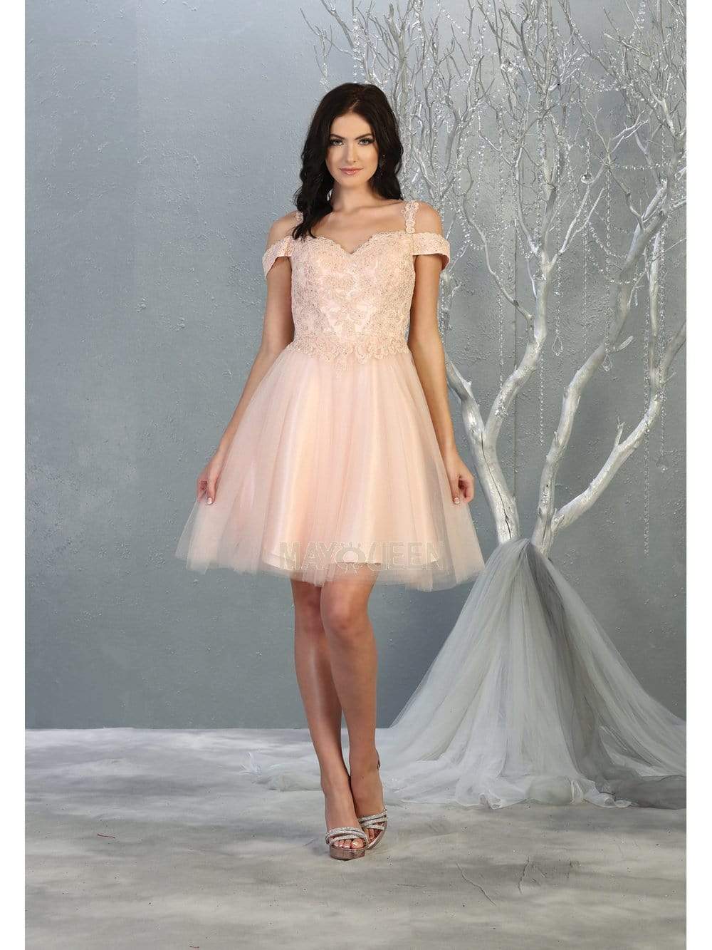 Image of May Queen - MQ1809 Short Appliqued Off Shoulder Tulle Dress